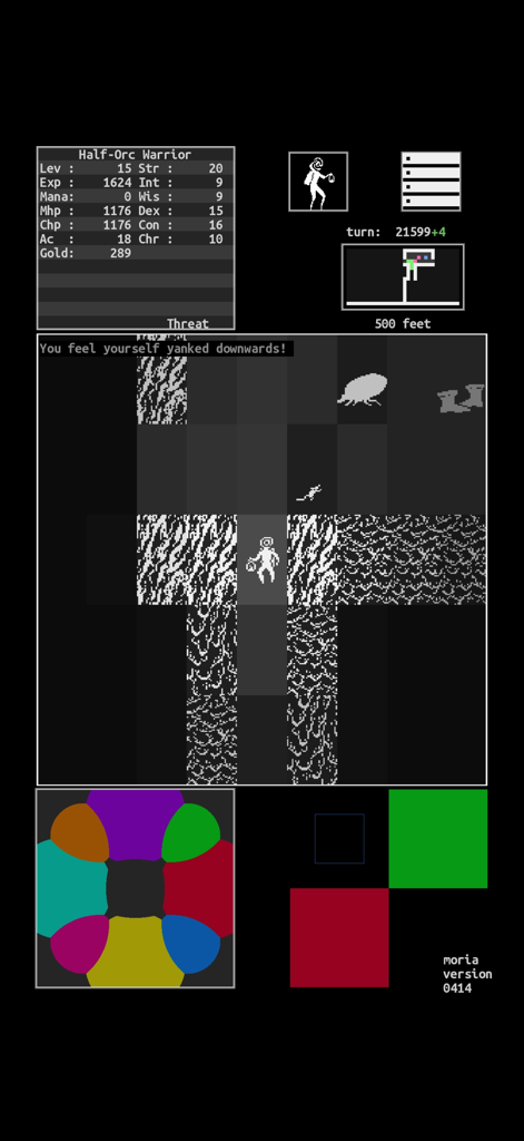 Mines of Moria - Mines of Moria mobile game showing character stats and a dungeon map