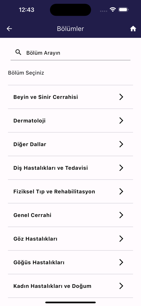 Medical department selection screen in the Buhara Hastanesi mobile app listing various clinical specialties