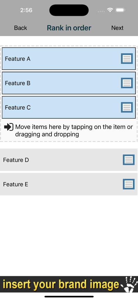 iSURVEY - Offline Survey Forms - iSURVEY mobile app interface showing a rank-in-order survey question with drag and drop functionality and a custom branding banner