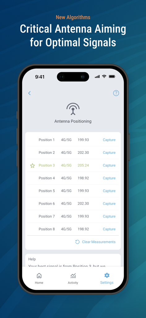 CEL-FI WAVE - Application CEL-FI WAVE montrant les mesures de positionnement de l'antenne pour un signal 5G optimal