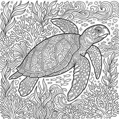 Unleash your creativity with this intricate Hawksbill Sea Turtle coloring page, specially designed for teens. Explore a vibrant underwater world filled with detailed coral, seaweed, and fascinating marine life.