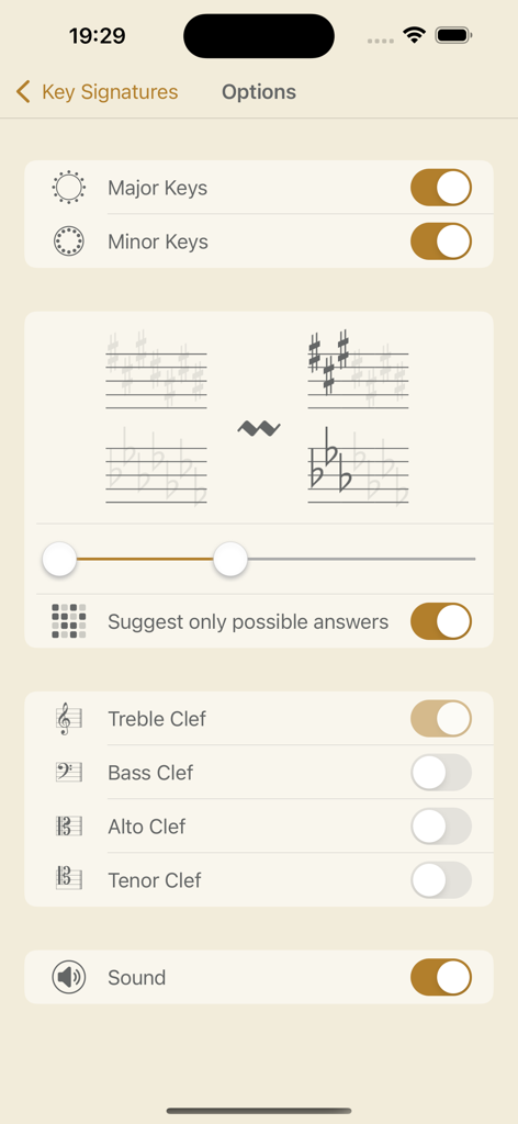 Music Buddy Pro – Learn notes - Options screen for the Key Signatures module in Music Buddy Pro showing settings for major and minor keys, clefs, and sound.