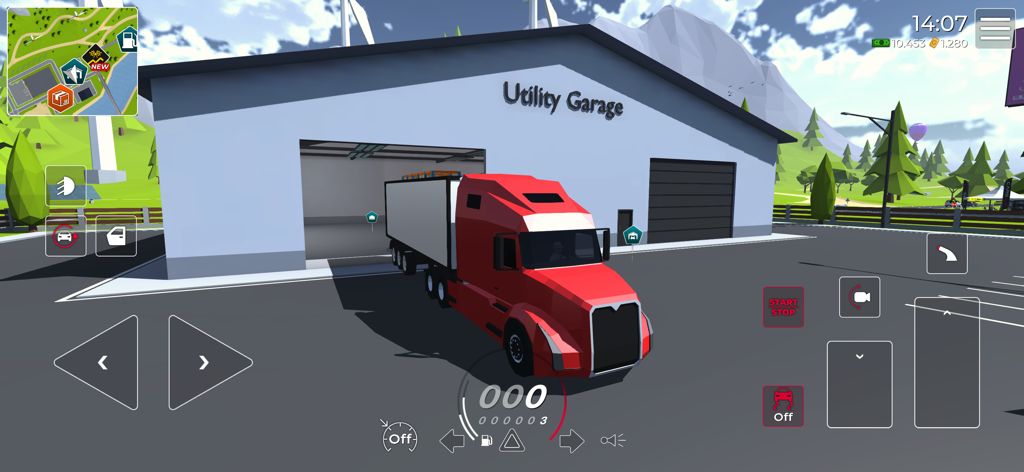 Cars LP - Extreme Car Driving - A red semi truck parked in front of a utility garage in an open world vehicle simulation game.