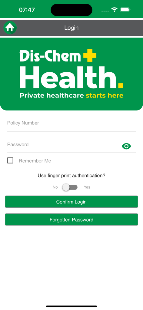 Dis-Chem Health - Dis-Chem Health app login screen with fields for policy number and password