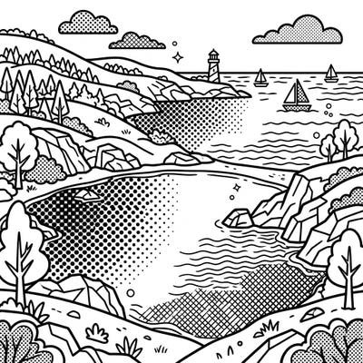 Explore the beauty of coastal lakes reimagined in a striking Pop Art style. This captivating coloring page brings a retro comic book feel to serene landscapes, perfect for artists of all ages.