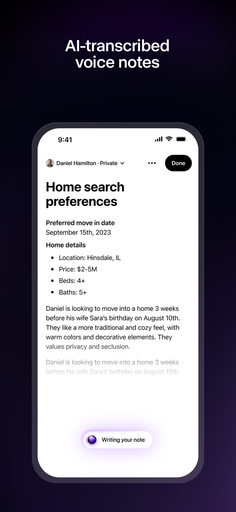 Luxury Presence app interface displaying AI transcribed voice notes for real estate home search preferences