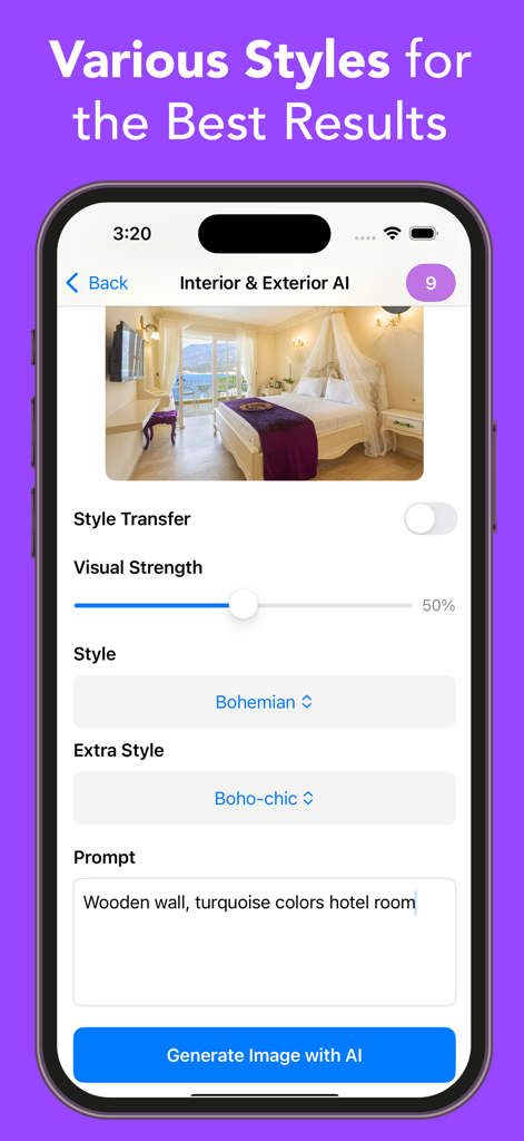 Luw AI - AI Home Design - Luw AI app interface showing interior design style selection and AI image generation
