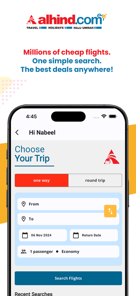 Alhind.com - Alhind.com mobile app interface for searching and booking cheap flights