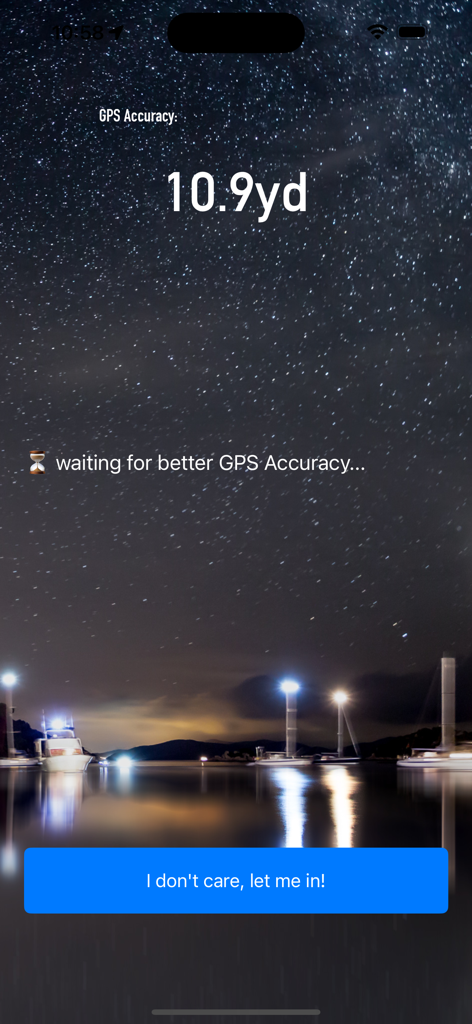Anchor Alarm - Anchor Watch - Anchor Alarm app screen showing GPS accuracy status with a nighttime harbor background