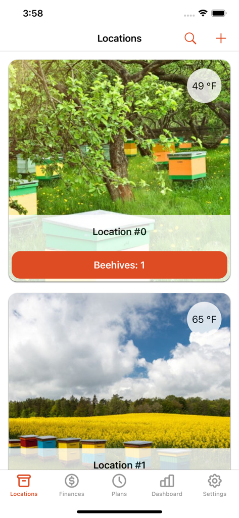 Apiarist app interface showing managed apiary locations with beehive counts and local temperatures.