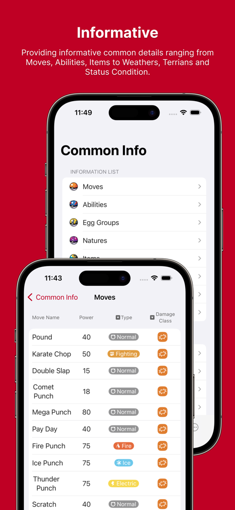 Pocket Gallery App - Pocket Galleryアプリのスクリーンショットに、ポケモンの技データベースと一般的な情報カテゴリが表示されている