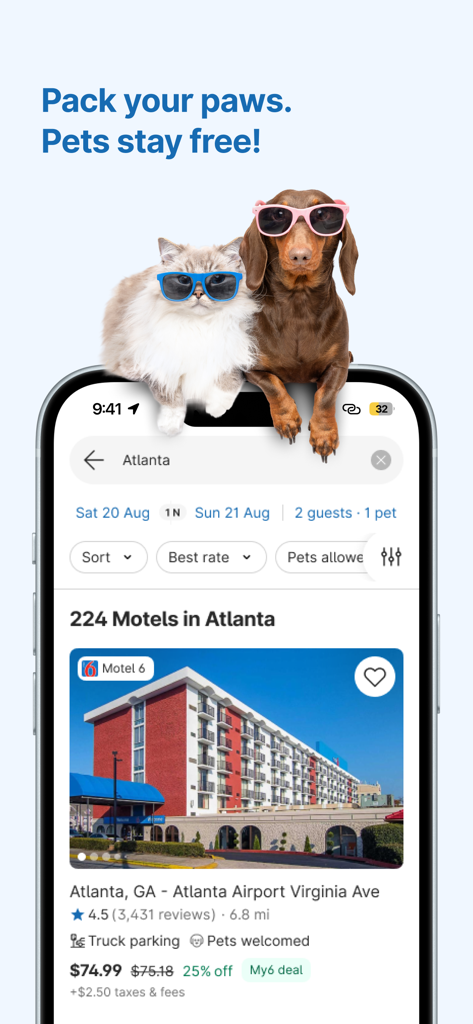 A smartphone showing the My6 app with search results for pet-friendly hotels in Atlanta and a message stating pets stay free.