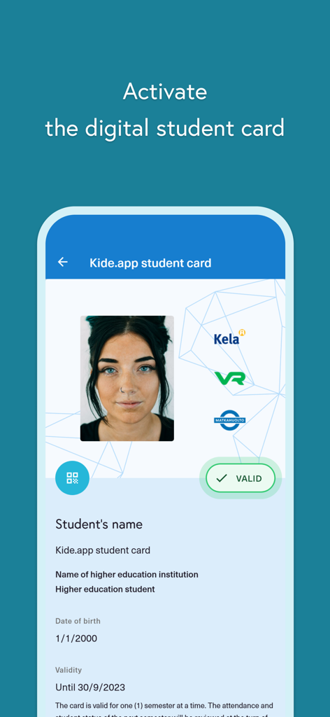 Mobile screen displaying a digital student card in the Kide app with a profile photo and valid status