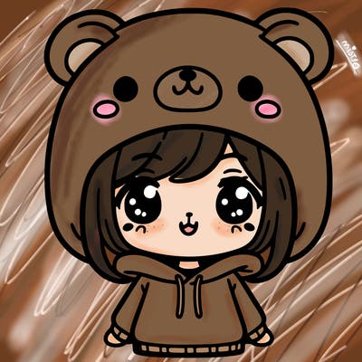 a cute chibi girl wearinga bear hoodie and a bear shaped hat