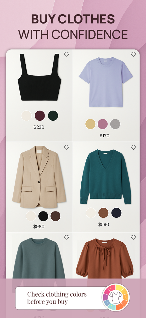 Color Analysis - Dressika - App interface showing clothing items with seasonal color suggestions for confident shopping