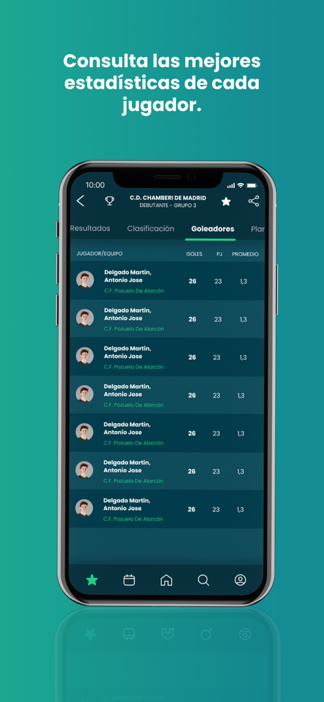 Smartphone que muestra una lista de los máximos goleadores y estadísticas individuales de jugadores en la aplicación móvil Matchapp