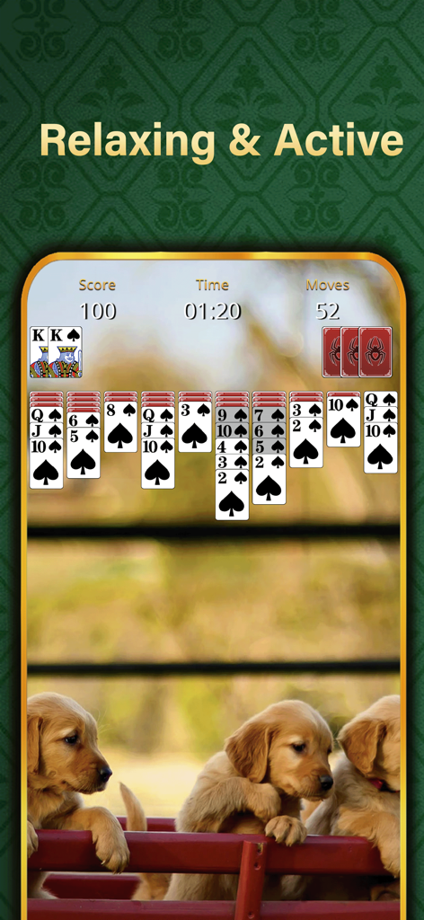 Solitaire Relax®Classic Spider - Classic Spider Solitaire gameplay with large cards and a background of golden retriever puppies