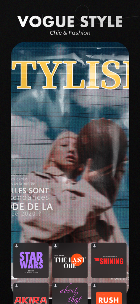 Salad Video -Video Editor - A fashion magazine style video template in the Salad Video app featuring chic aesthetics and cinematic text overlays.