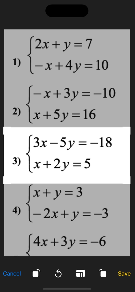 Math Solver With Solution - AI - Mobile app interface for scanning and cropping a specific algebra problem from a list.