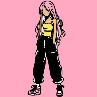 girl in baggy pants crop top and long hair