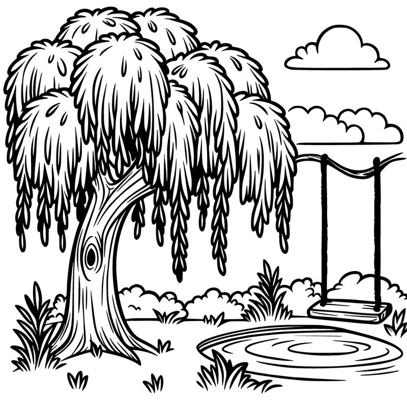 weeping willow tree by a pond with a swing under it