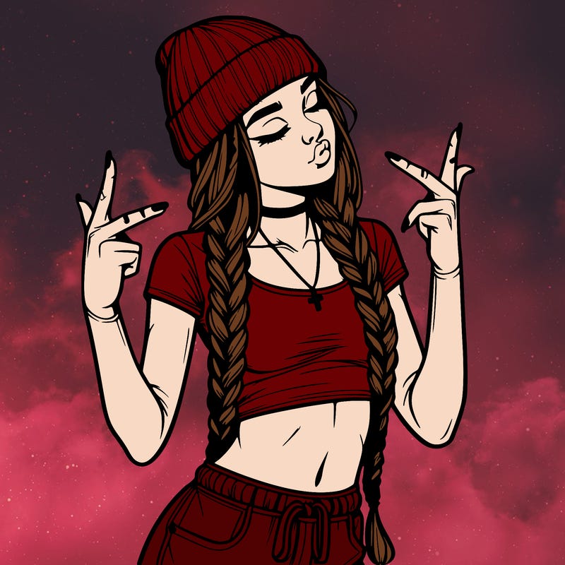 realistic teenage girl with braids and a beanie and crop top doing 🫶🏼