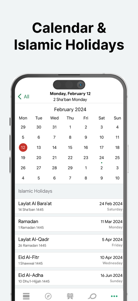 Calendario islámico y fechas de festividades que se muestran en la aplicación Muslim Prayer Times
