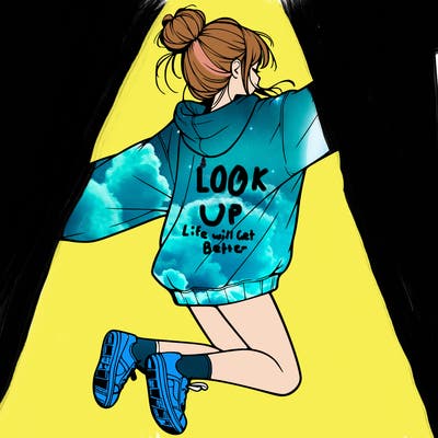 realistic girl jumping with a bun and oversized sweatshirt