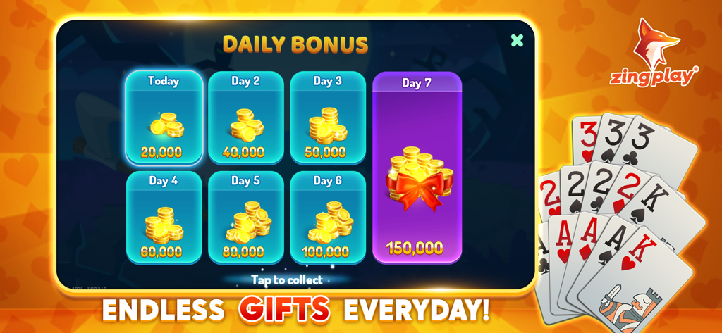 Pusoy ZingPlay - Chinese Poker - Pantalla de bonificación diaria en Pusoy ZingPlay que muestra 7 días de recompensas de monedas de oro