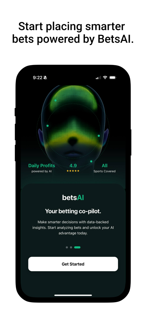 betsAI app onboarding screen featuring the tagline Your betting co-pilot and a Get Started button