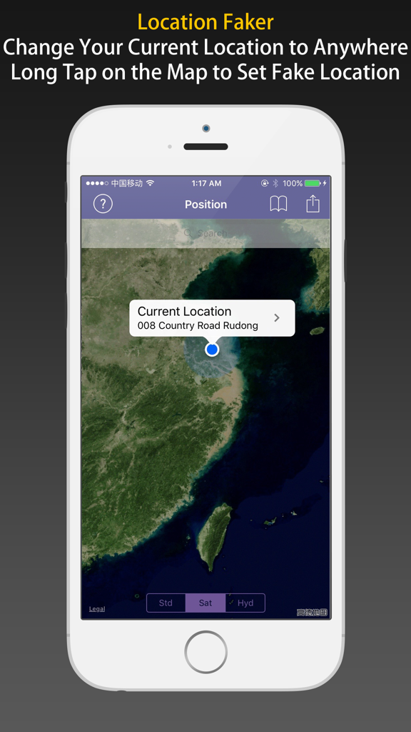 Interface of LocFaker app showing a satellite map with a fake location pin