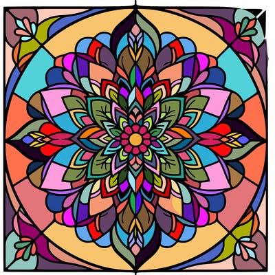 mandala flower design, stained glass window.