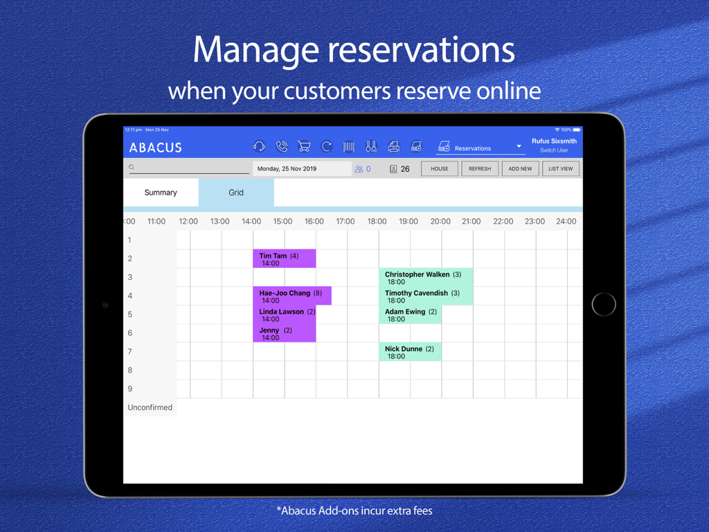 Abacus POS iPad app interface displaying a restaurant reservation grid with customer bookings