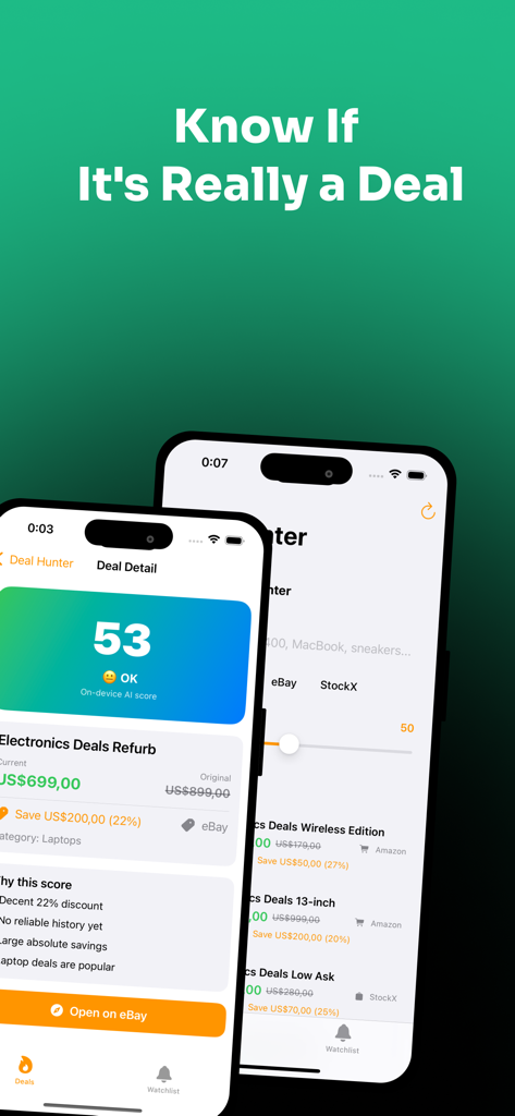 Deal Hunter: AI Shopping Deals - Deal Hunter app interface showing AI deal score and price comparison for electronics on eBay and Amazon
