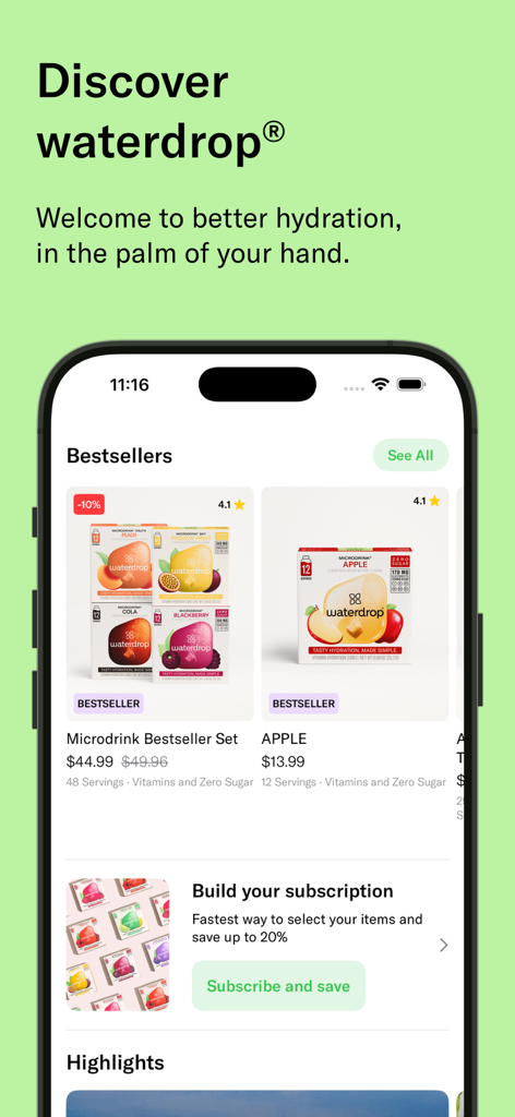 waterdrop® Shopping App - Mobile app interface for waterdrop showing best selling microdrink sets and subscription features