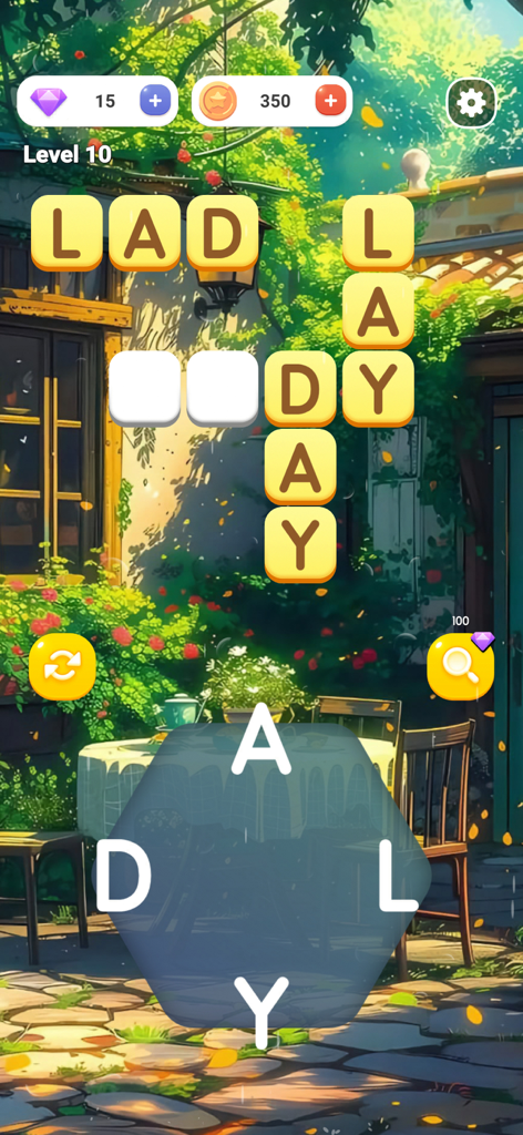 ABC - Wooden Words - Gameplay of ABC Wooden Words showing a word connect puzzle with wooden tiles and a garden background