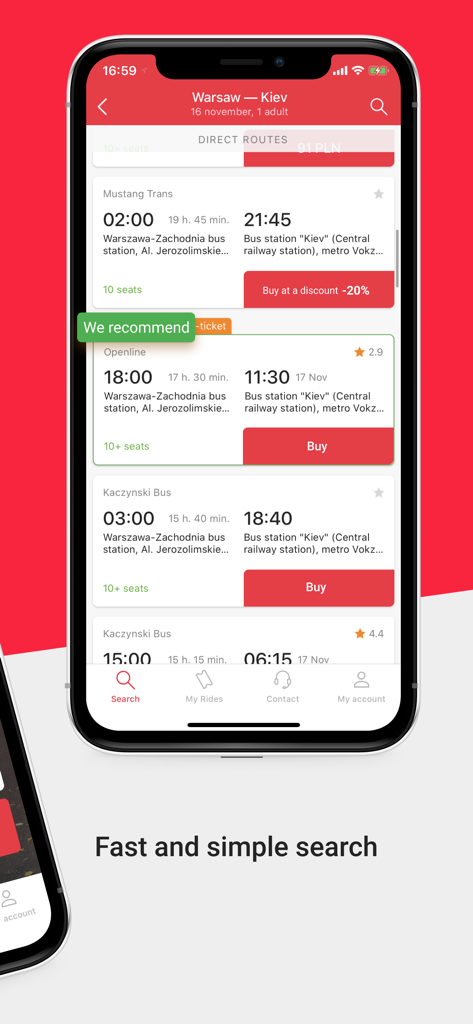 Mobile app interface showing a list of available bus trips from Warsaw to Kiev with departure times and prices