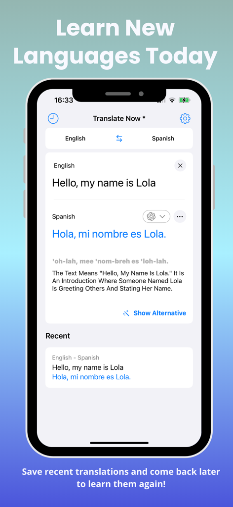 Translate Now * - Interface do aplicativo Translate Now mostrando tradução de inglês para espanhol com pronúncia e seção de histórico recente.