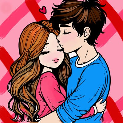 a realistic couple boy and girl hugging and kissing