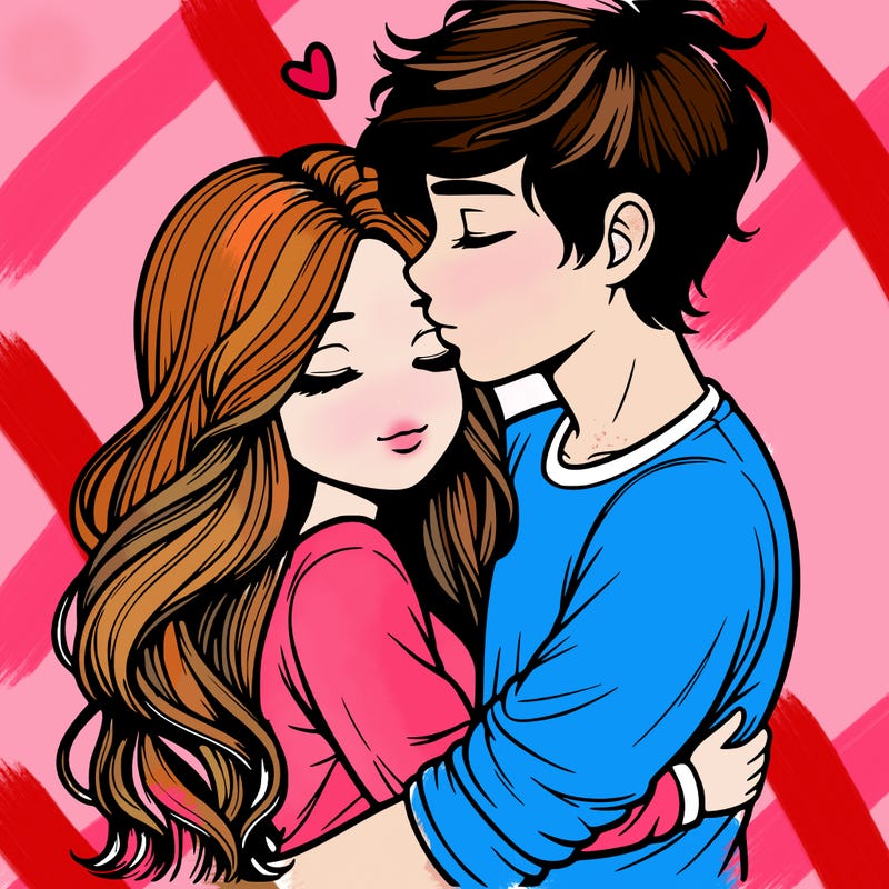 a realistic couple boy and girl hugging and kissing