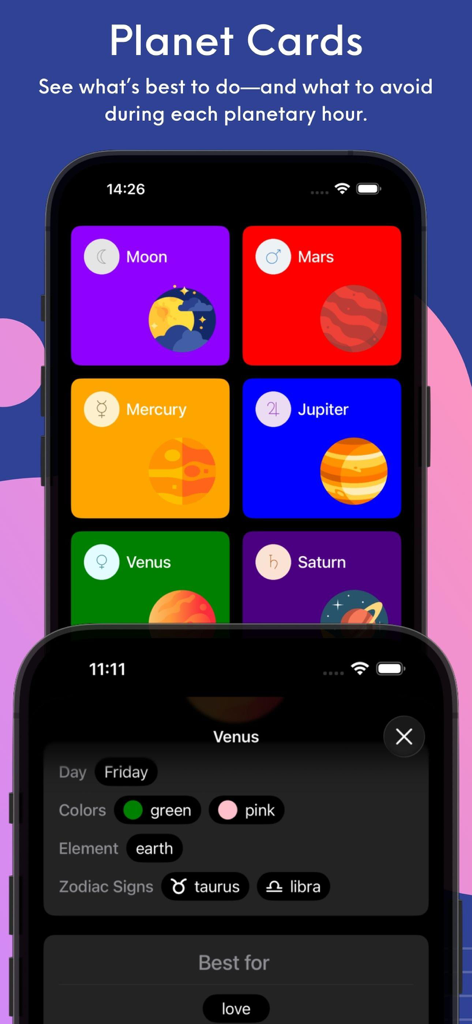 Interface of the Planetaro app displaying colorful planet cards and detailed astrological information for Venus