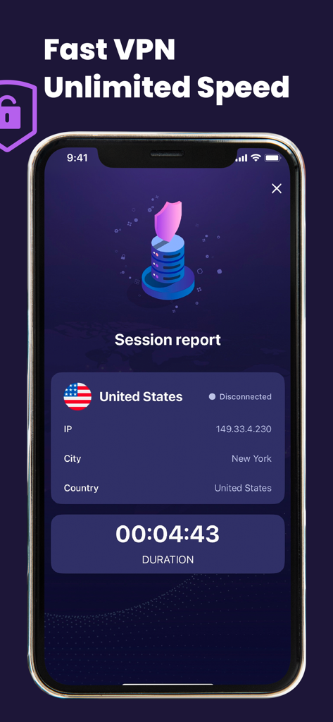 GO Fast VPN: Unlimited Proxy - A mobile screen showing a session report for a VPN connection in New York, United States.
