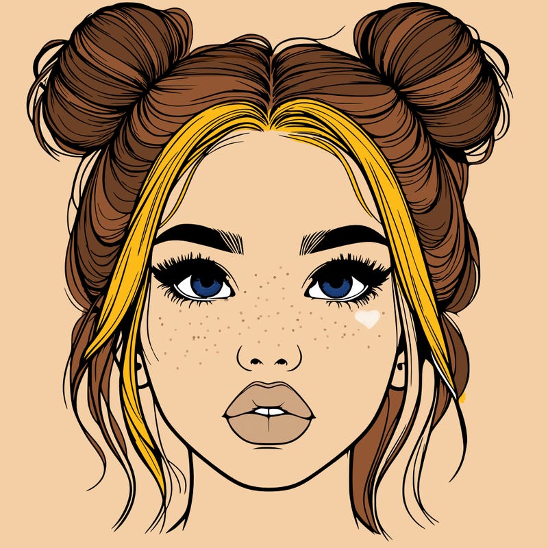 realistic girl with two buns on her hair and lips