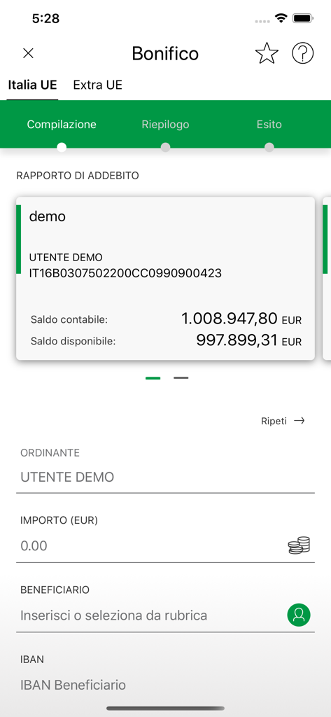 Carifermo Mobile - Carifermo Mobile app interface for a bank transfer showing account balance and payment details