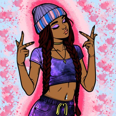 realistic teenage girl with braids and a beanie and crop top doing 🫶🏼