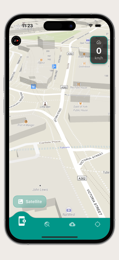 World map offline - Offline map interface showing city streets with 3D buildings and points of interest