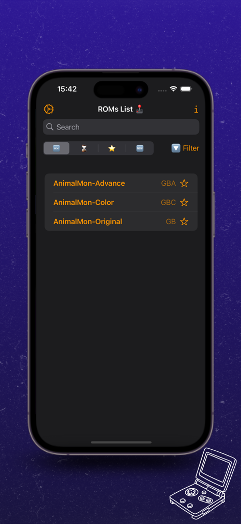 Tela de lista de ROMs do emulador retrô iGBA no iPhone