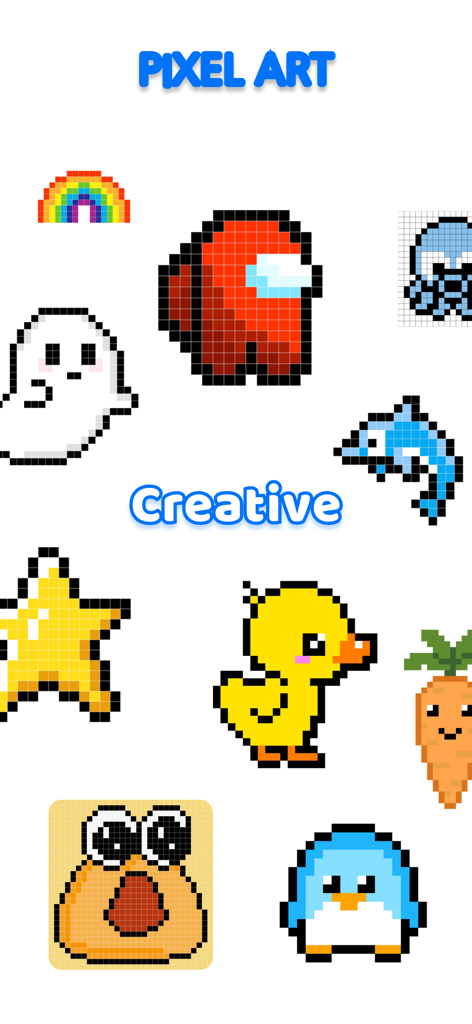 Pixels Art Maker - A collection of colorful pixel art icons including a penguin, chick, star, and dolphin.