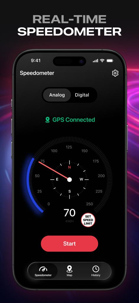 Speedometer GPS - MPH Tracker - Real-time GPS speedometer app interface featuring an analog dial with integrated compass and start button on an iPhone screen.
