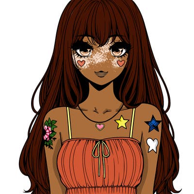 realistic anime girl with long hair star heart tattoos with a simple fabric dress with full lips